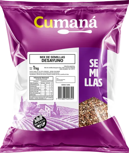 Semilla Cumana Mix DESAYUNO(chia, sesamo integral y lino) x 1kg. CAJA X 10 U.