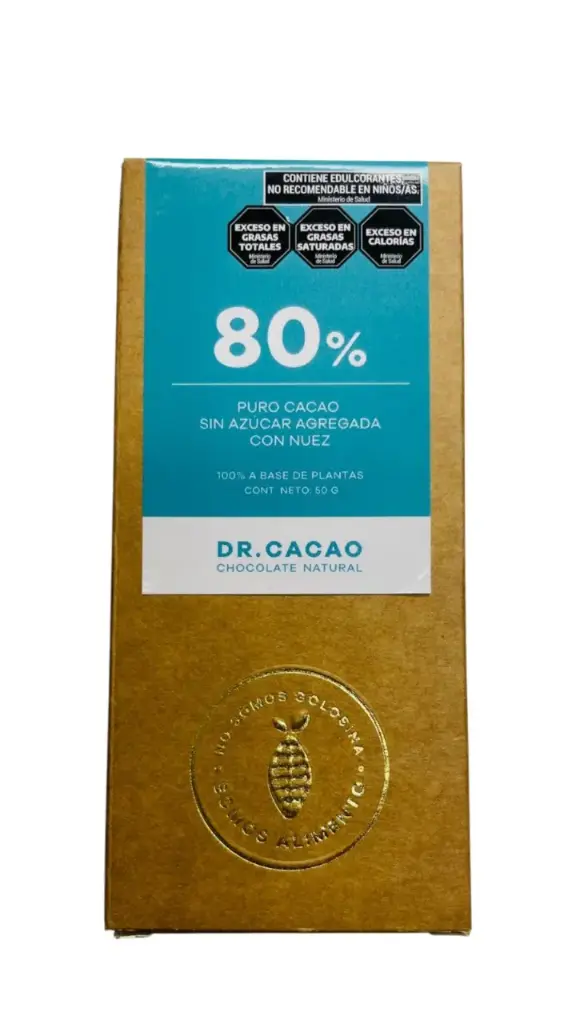 Chocolate Barra de Cacao Dr. Cacao 80% sin Azucar c/ Nuez Unidad x 50g.