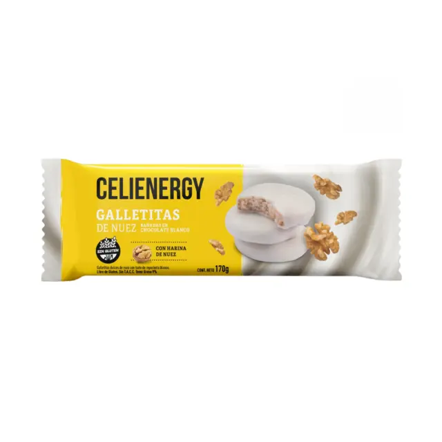 Galletitas Celienergy de Nuez Bañado chocolate blanco x 170g.