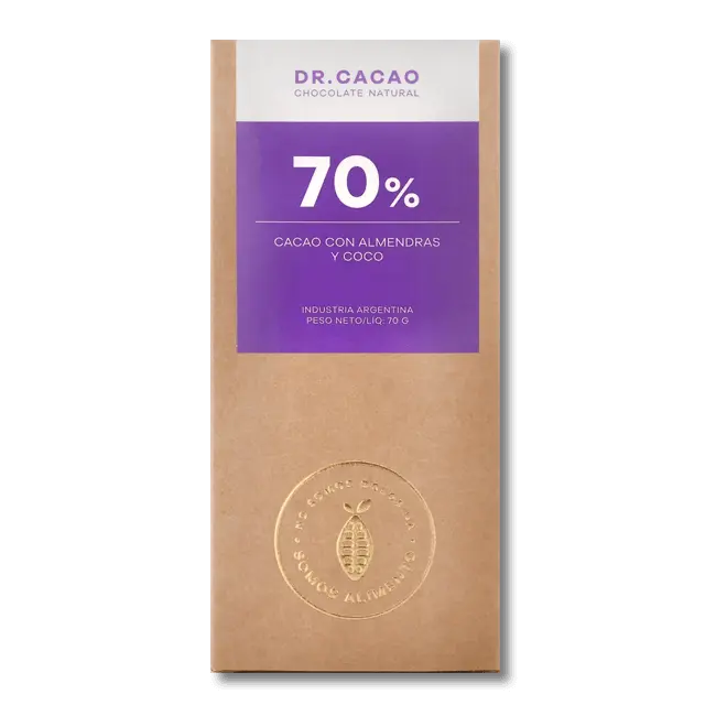 Chocolate Barra de Cacao Dr. Cacao 70% c/almendras Unidad x 50g.