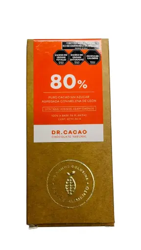 [3120] Chocolate Barra de Cacao Dr. Cacao 80% sin Azucar c/ Melena de Leon Unidad x 50g.