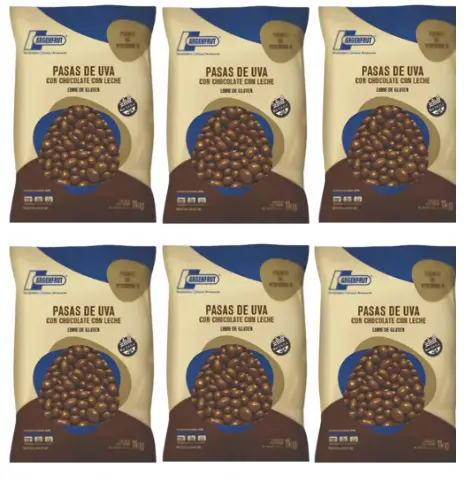 [2772] Chocolate Argenfrut PASAS UVA C/ Cob Cho LECHE 1kg. CAJA X 6 U.